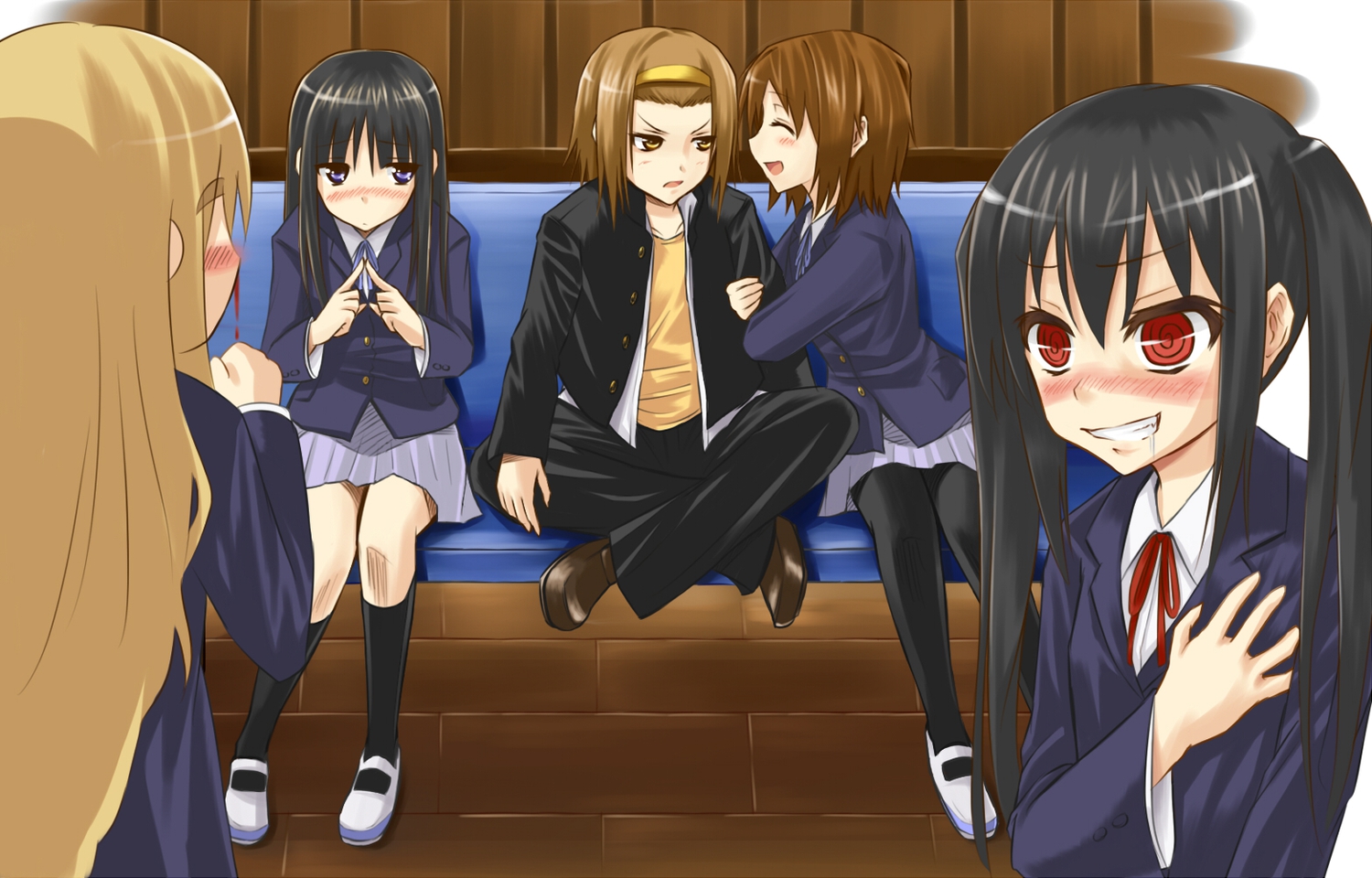 akiyama_mio, blush, headband, hirasawa_yui, kneehighs, k-on!, kotobuki_tsumugi, nakano_azusa