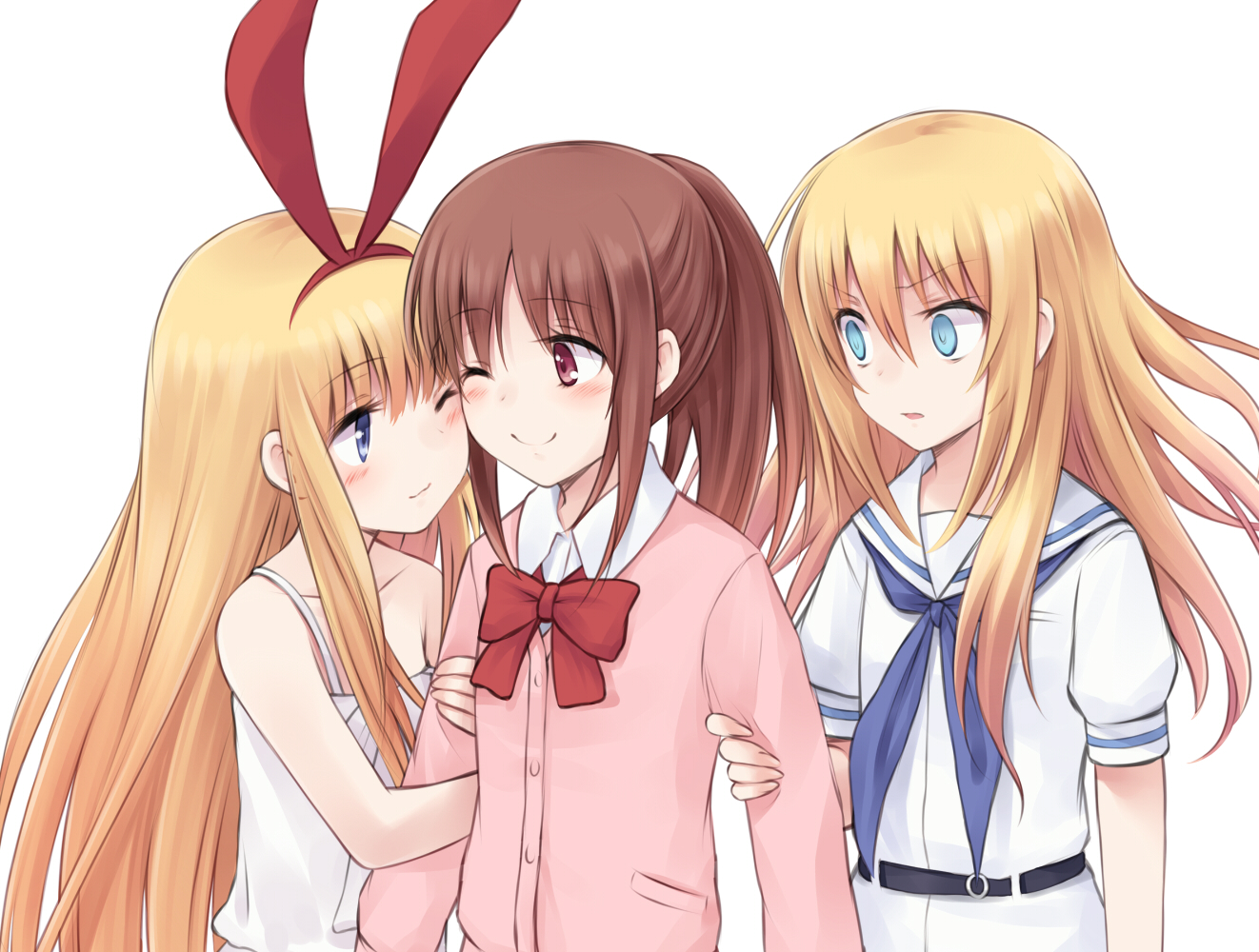 amae_koromo, blush, bow, oohoshi_awai, ponytail, saki, shoujo_ai, suzushiro_yukari, takakamo_shizuno, wink