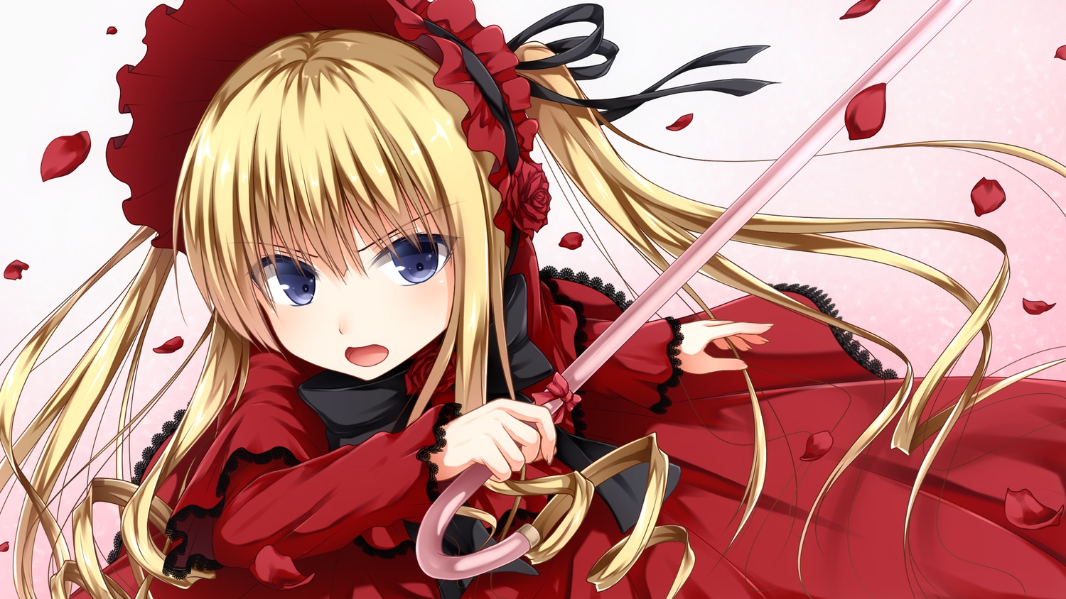 blonde_hair, blue_eyes, dress, flowers, haryuu_(poetto), petals, rose, rozen_maiden, shinku, twintails