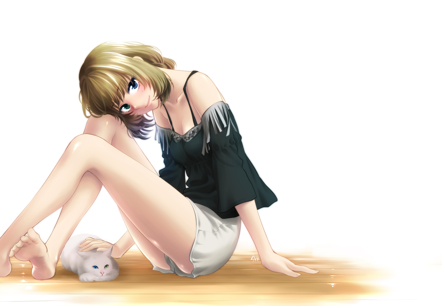 animal, barefoot, bicolored_eyes, blonde_hair, cat, idolmaster, idolmaster_cinderella_girls, short_hair, shorts, shoukaki_(earthean), takagaki_kaede, yellow_eyes