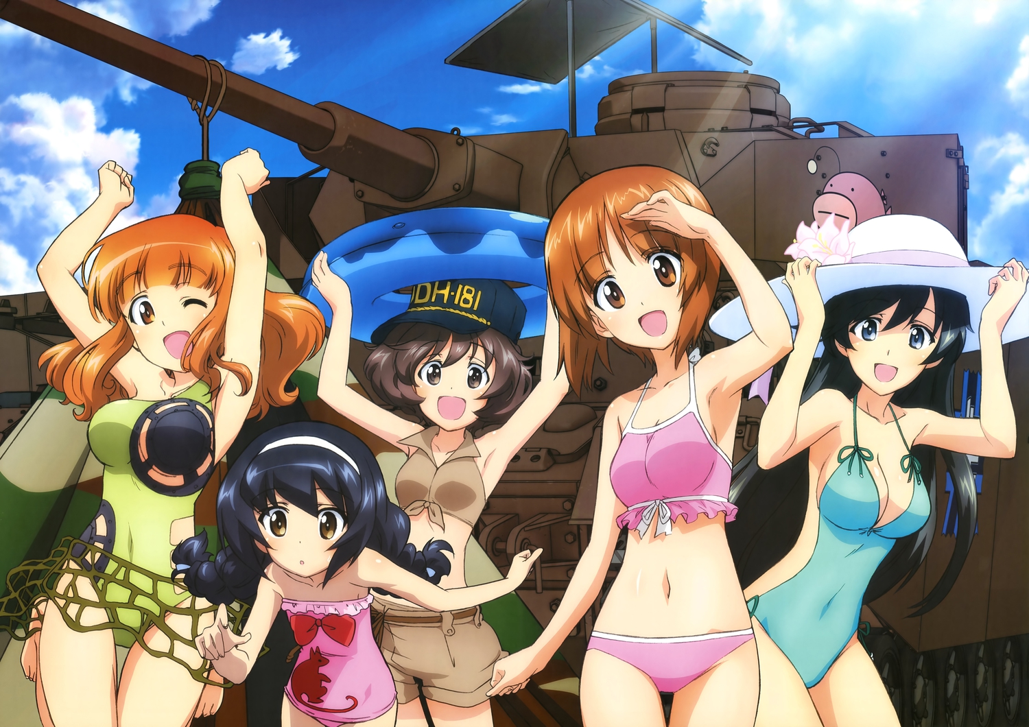 akiyama_yukari, bikini, black_hair, blue_eyes, breasts, brown_eyes, brown_hair, cleavage, combat_vehicle, flat_chest, girls_und_panzer, group, hat, headband, isuzu_hana, nishizumi_miho, orange_hair, reizei_mako, shorts, sugimoto_isao, swim_ring, swimsuit, takebe_saori, twintails