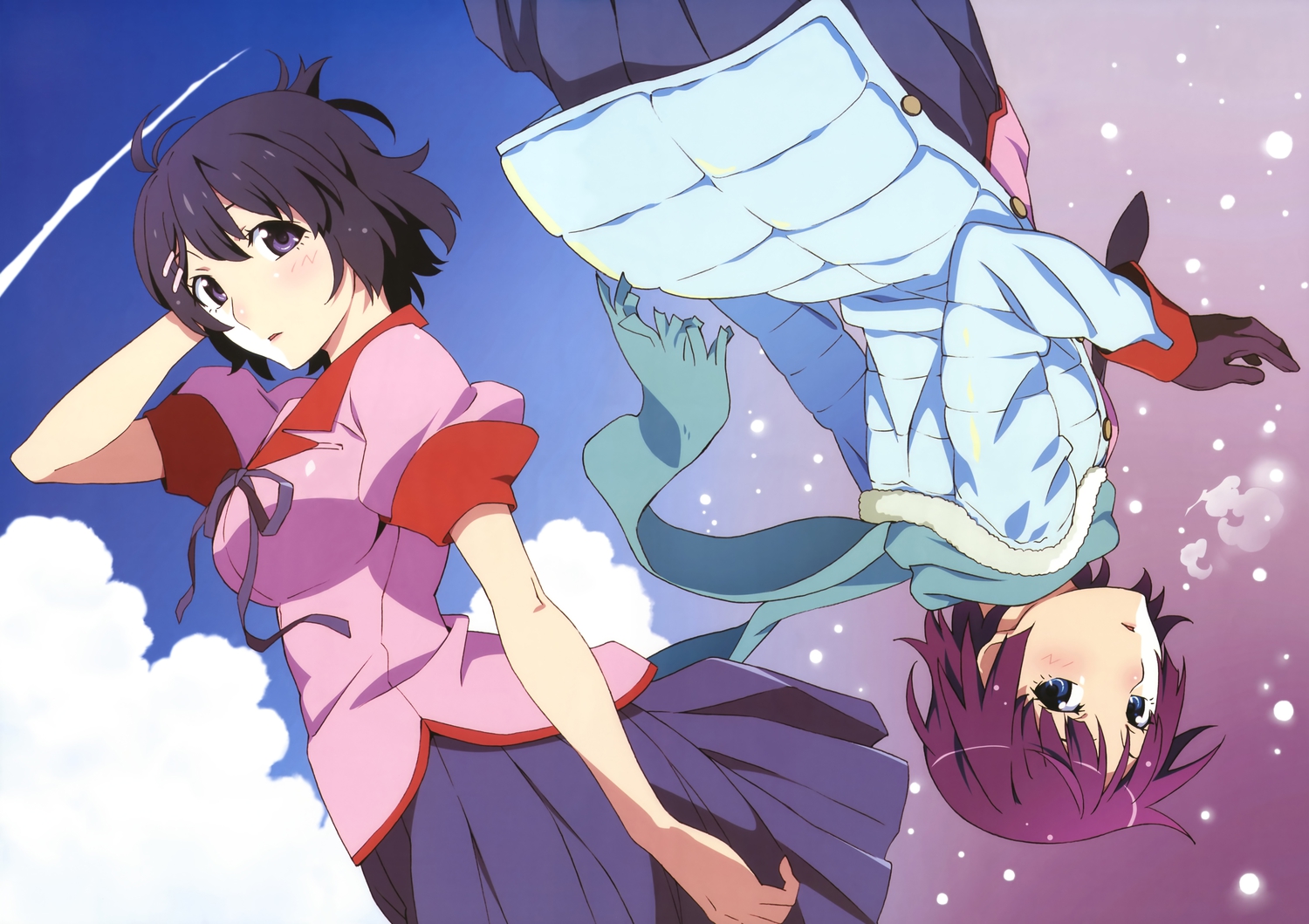 2girls, bakemonogatari, hanekawa_tsubasa, monogatari_(series), school_uniform, senjougahara_hitagi, short_hair, sugiyama_nobuhiro
