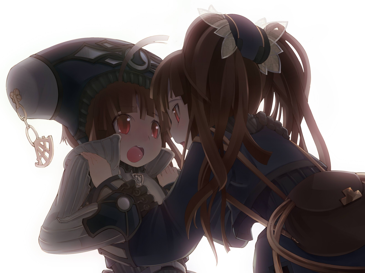 2girls, brown_hair, harepore, hat, maya_(threads_of_fate), mint, red_eyes, threads_of_fate