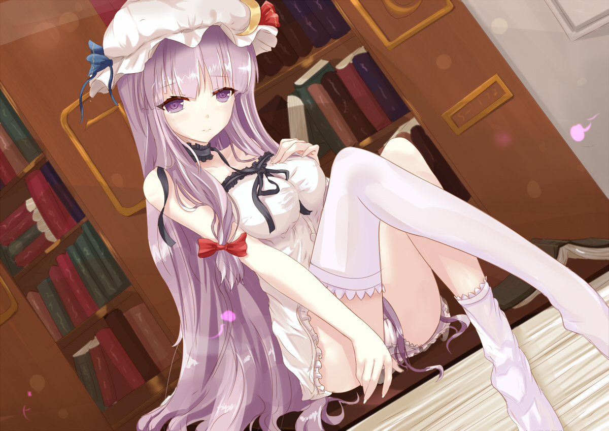 book, choker, long_hair, panties, patchouli_knowledge, purple_eyes, purple_hair, thighhighs, touhou, underwear, white_crow