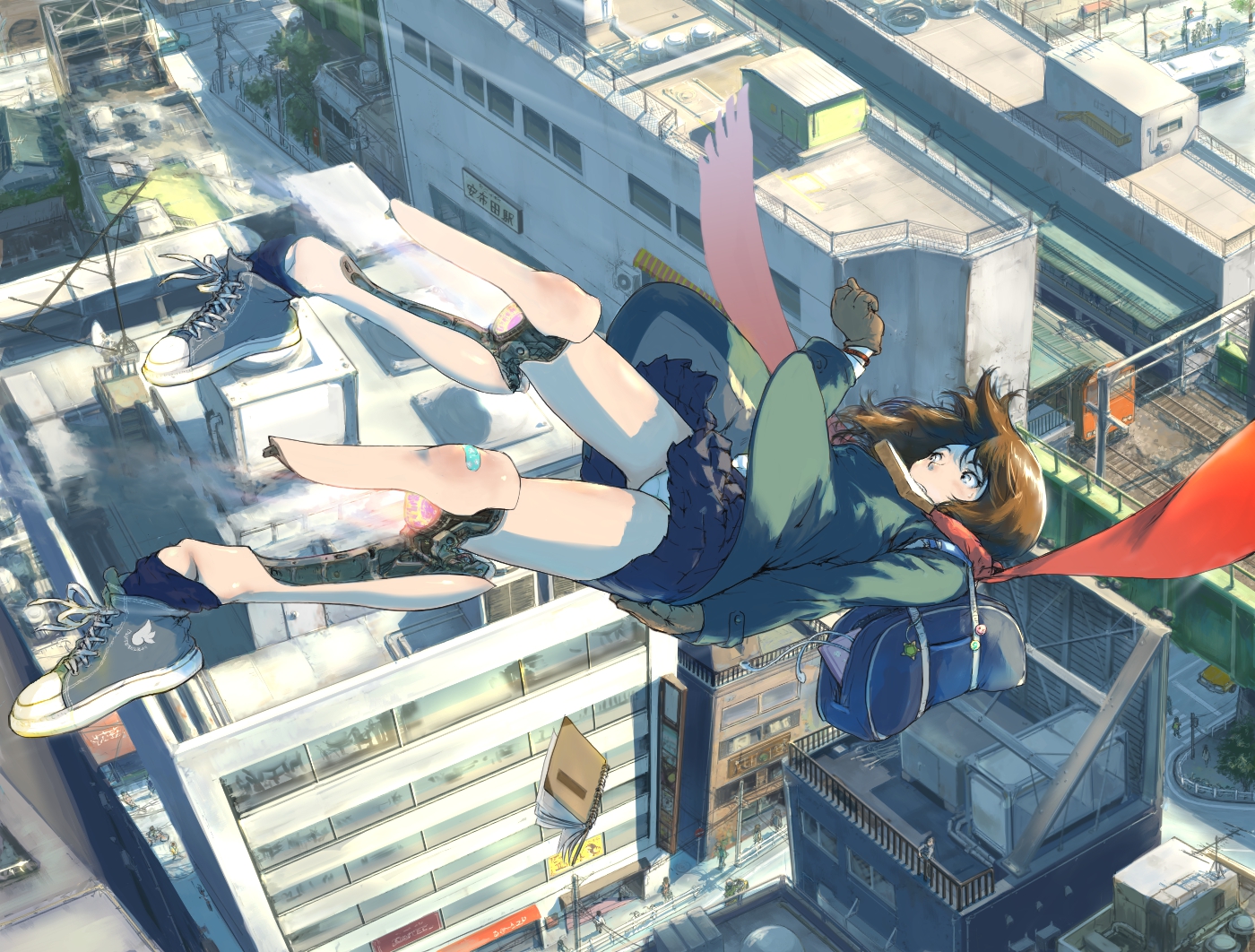 bandaid, book, brown_hair, building, city, food, gloves, original, panties, scarf, school_uniform, skirt, socks, techgirl, train, underwear, wristwear, ymr