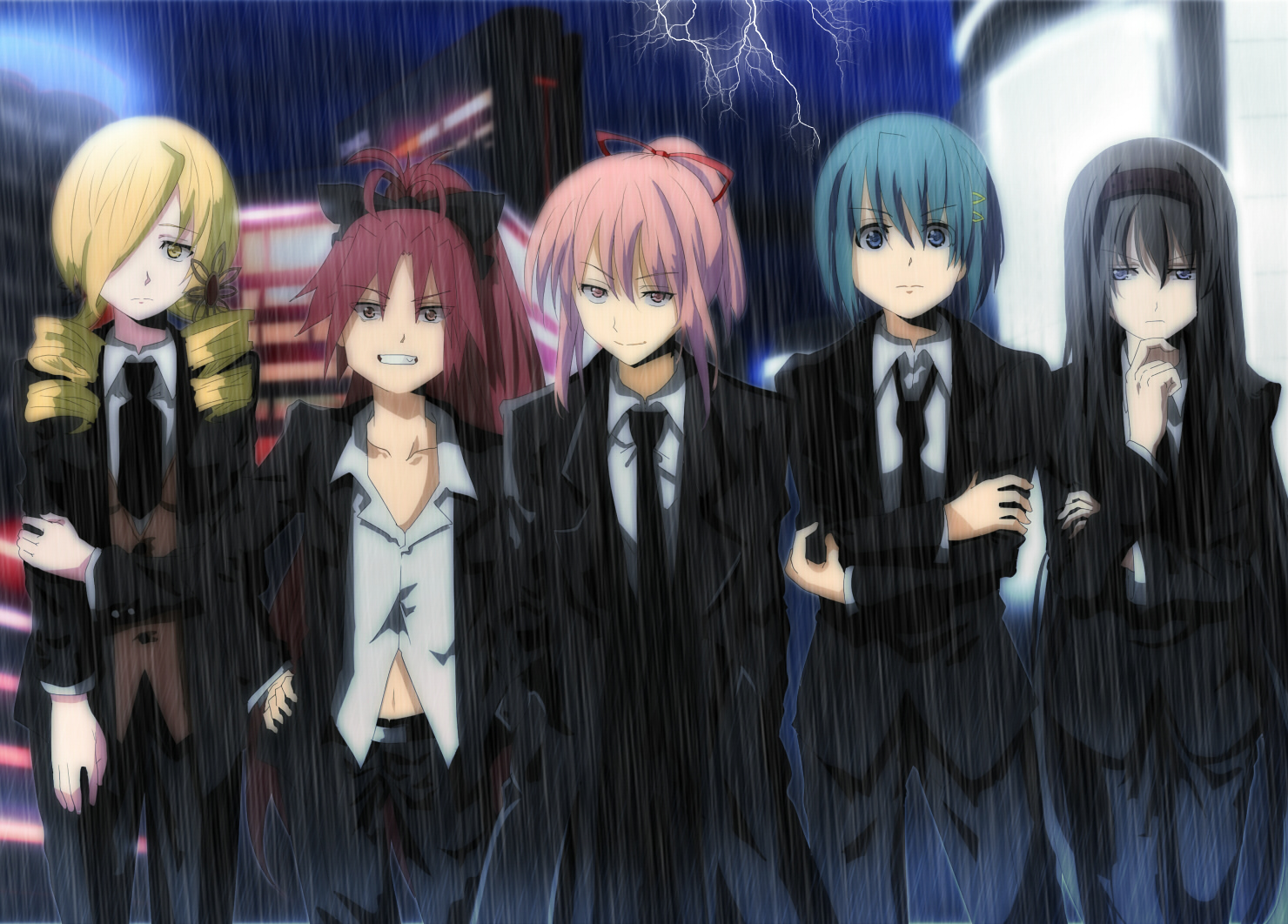 akemi_homura, black_eyes, black_hair, blonde_hair, blue_eyes, blue_hair, kaname_madoka, mahou_shoujo_madoka_magica, miki_sayaka, okuba, pink_hair, rain, red_hair, sakura_kyouko, suit, tie, tomoe_mami, water, yellow_eyes