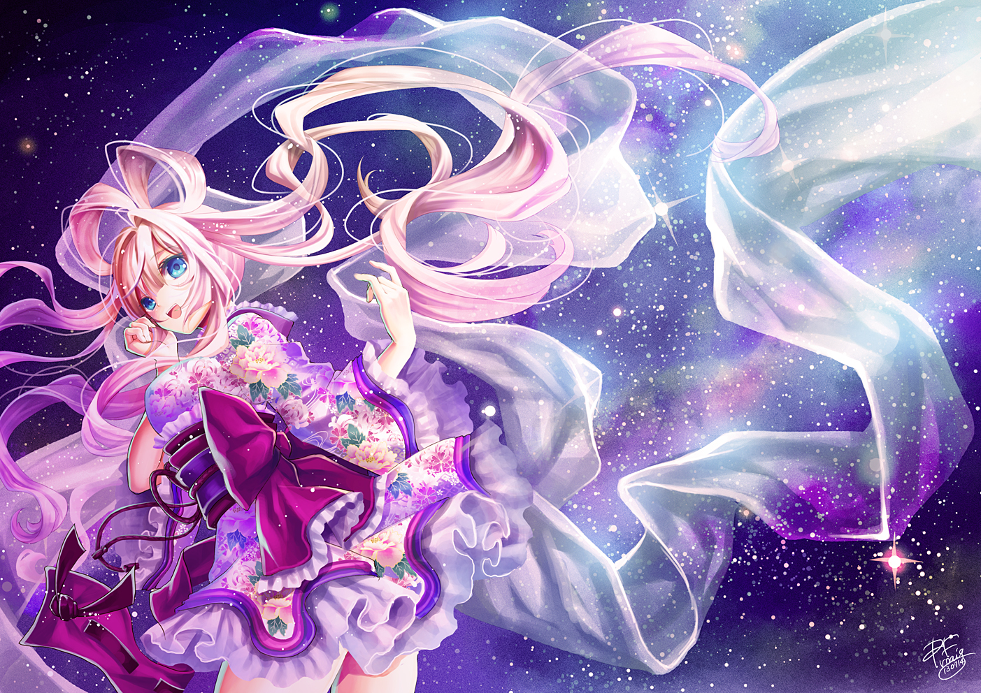 aqua_eyes, japanese_clothes, lolita_fashion, long_hair, okuma_mai, original, pink_hair, signed