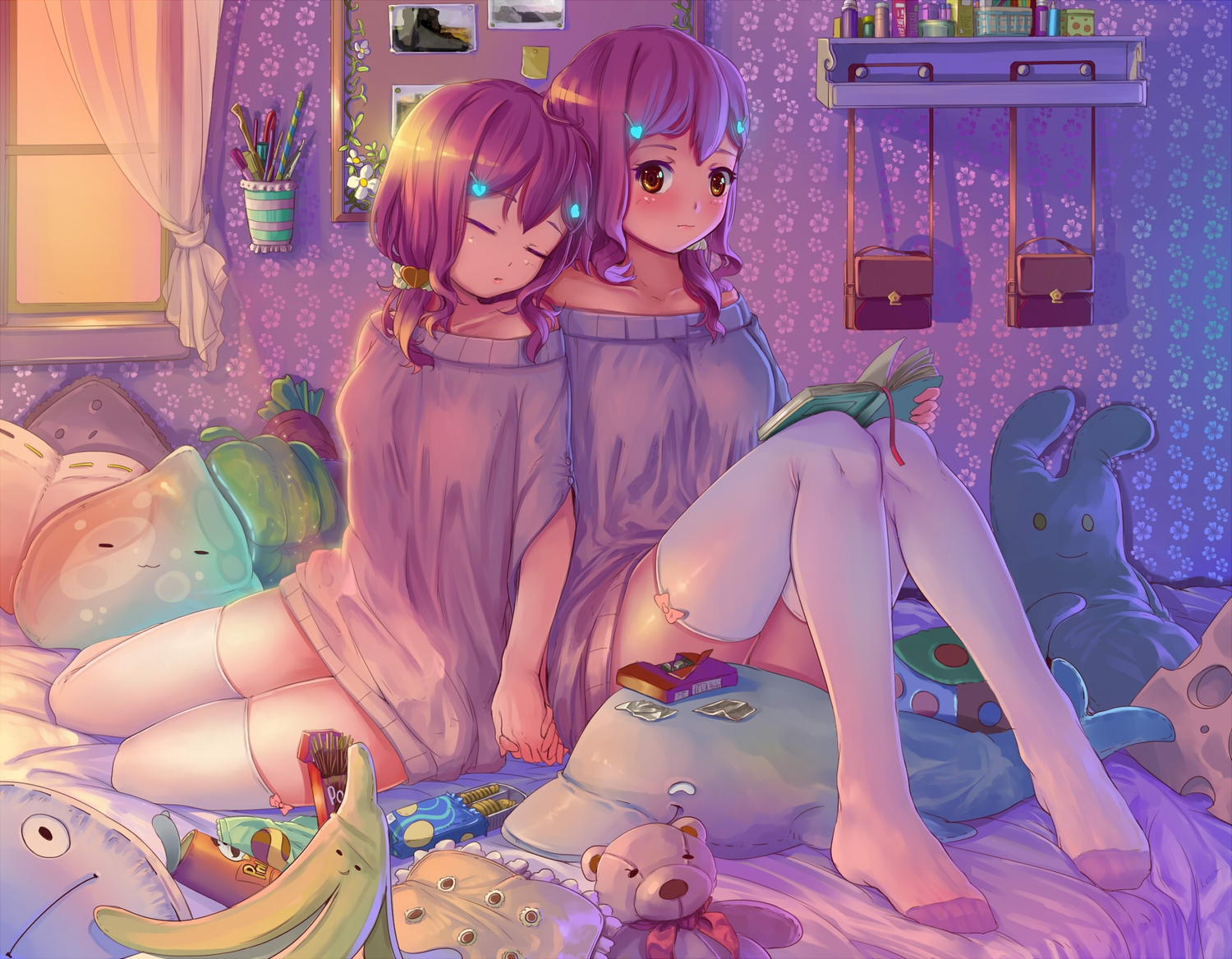 2girls, bed, blush, hokou_sakuran, original, sleeping, thighhighs