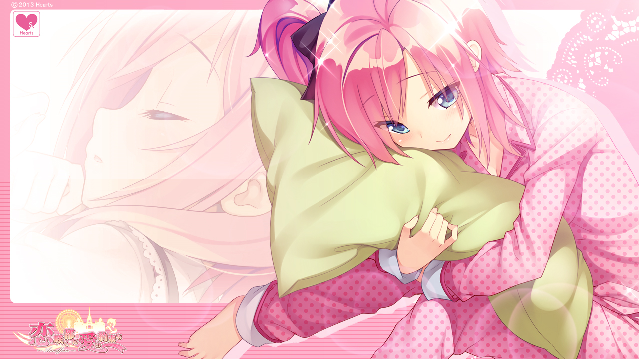 blue_eyes, hearts_(company), koba_kasumi, koi_saku_miyako_ni_ai_no_yakusoku_wo_~annaffiare~, natsume_eri, pajamas, pink_hair, short_hair