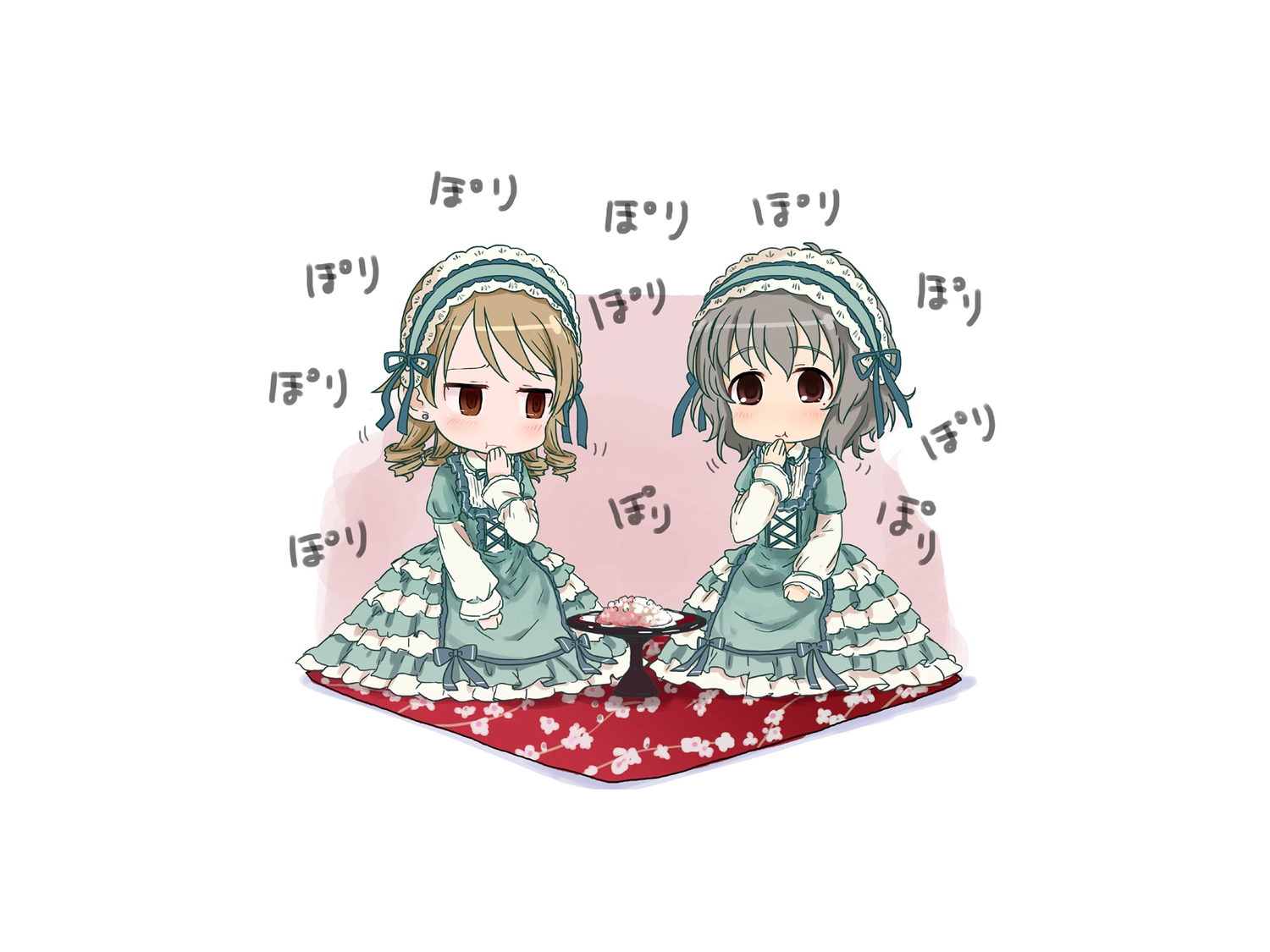 abe_kanari, chibi, food, idolmaster, idolmaster_cinderella_girls, lolita_fashion, morikubo_nono, narumiya_yume