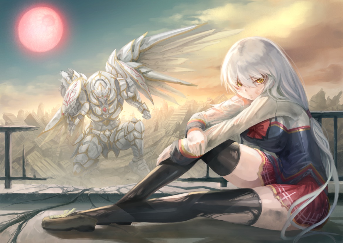 hokuto_shinken, mecha, moon, original, thighhighs, torn_clothes, white_hair, yellow_eyes