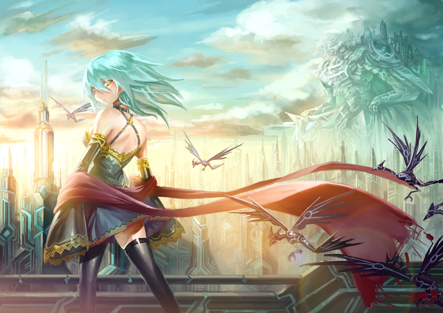 aqua_hair, dress, hokuto_shinken, mecha, original, yellow_eyes, zettai_ryouiki