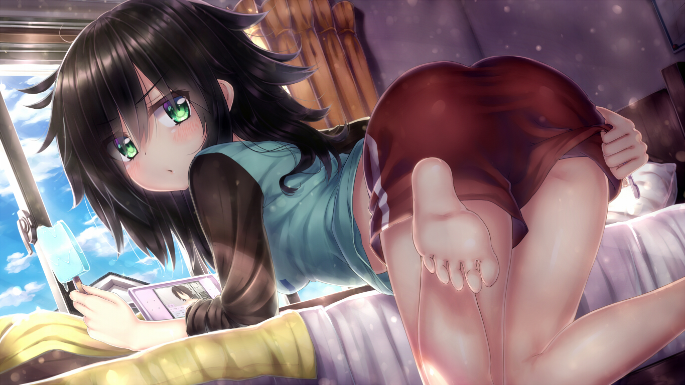 ass, barefoot, black_hair, game_console, green_eyes, kuroki_tomoko, popsicle, watashi_ga_motenai_no_wa_dou_kangaetemo_omaera_ga_warui!