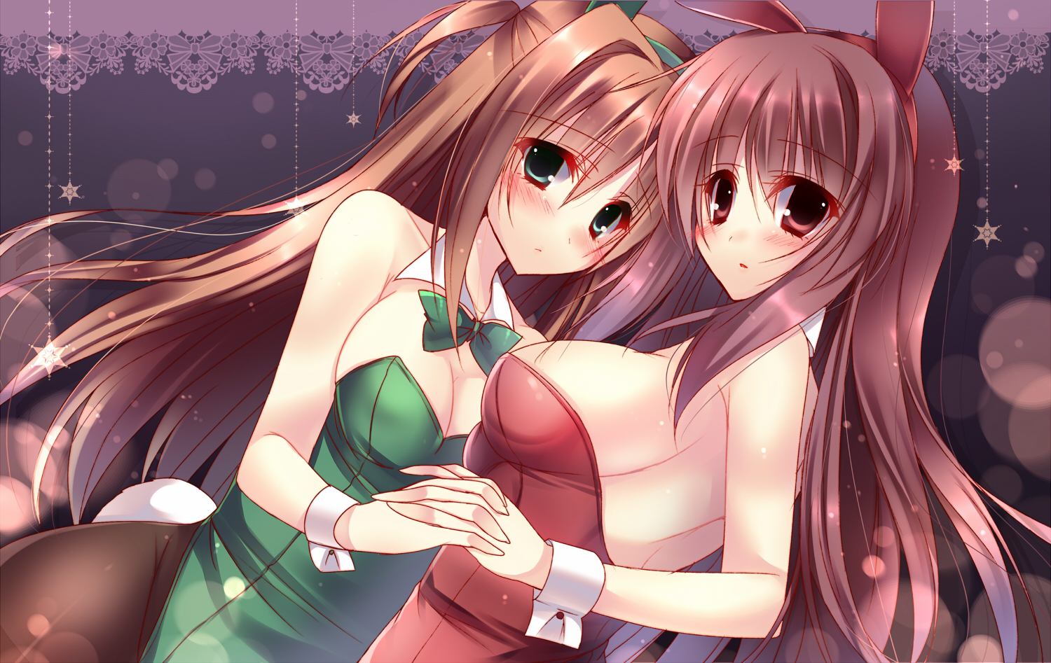 2girls, animal_ears, blush, breasts, brown_hair, bunny_ears, bunnygirl, cleavage, ibukitouka, original