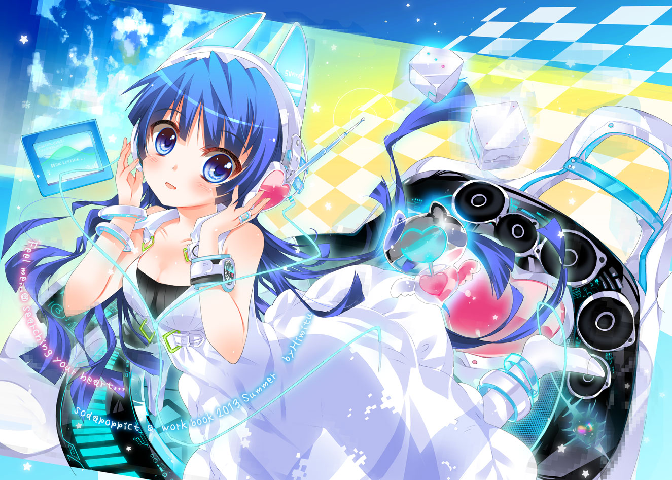 blue_eyes, blue_hair, dress, headphones, jpeg_artifacts, original, sodapop_(iemaki)
