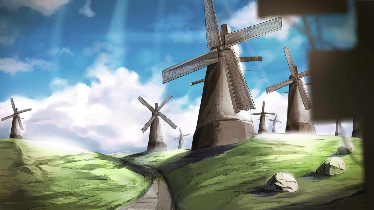 clouds, fumi11gou, grass, landscape, no_humans, original, scenic, sky, windmill