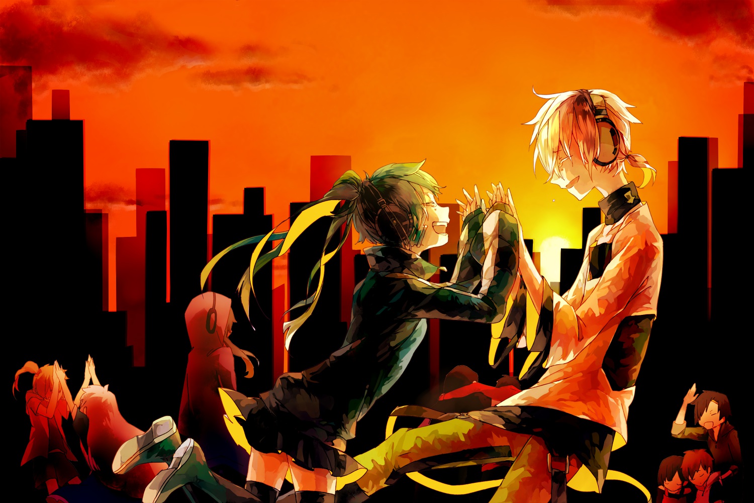 amamiya_hibiya, asahina_hiyori, blonde_hair, brown_hair, ene_(kagerou_project), green_hair, group, haruu_shun