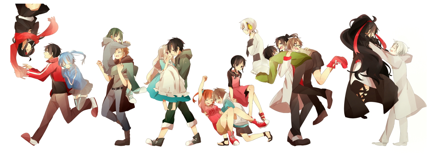 amamiya_hibiya, asahina_hiyori, azami_(kagerou_project), black_eyes, black_hair, blonde_hair, blue_hair, boots