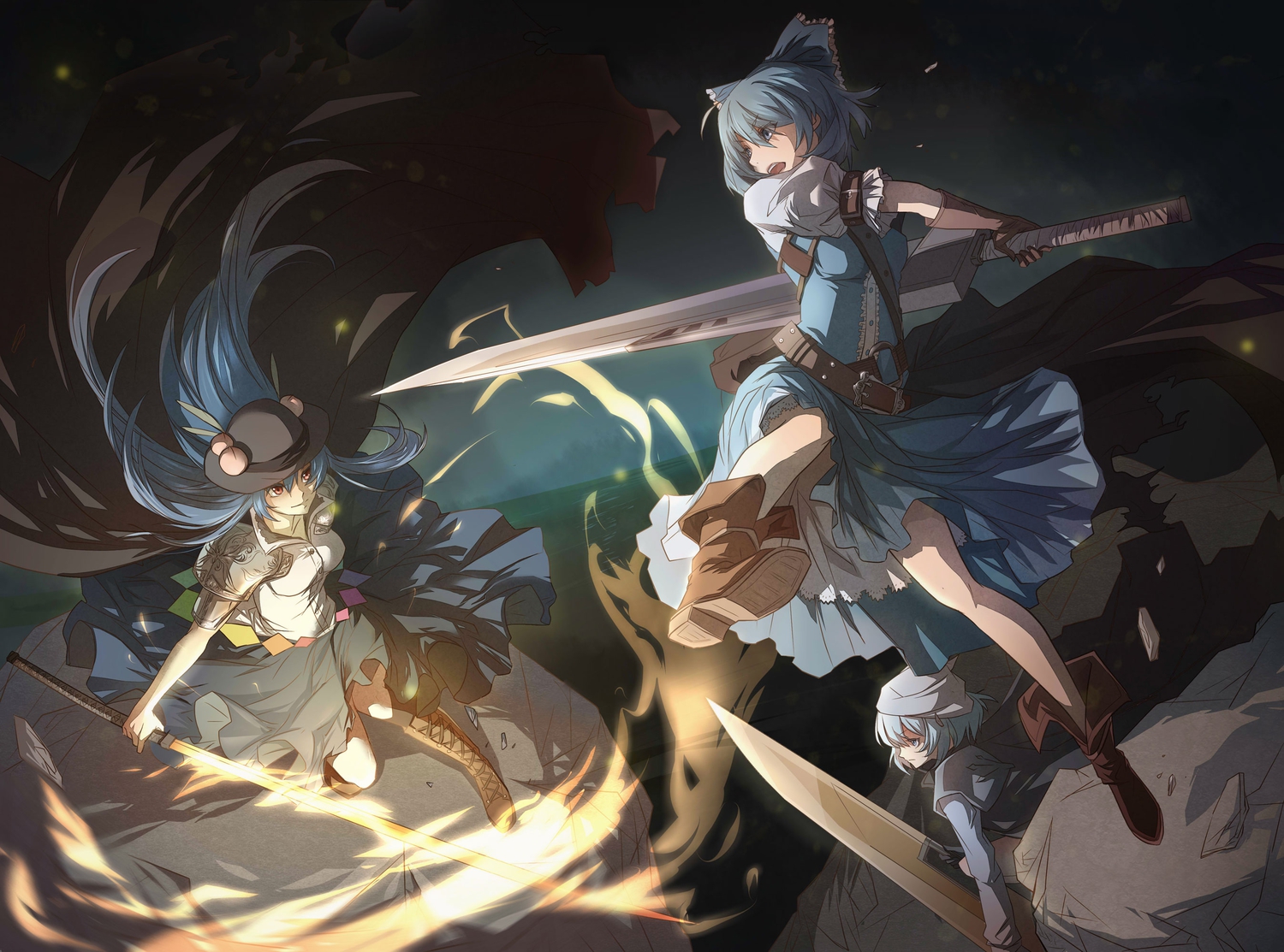 advent_cirno, cirno, hinanawi_tenshi, letty_whiterock, nye, sword, touhou, weapon