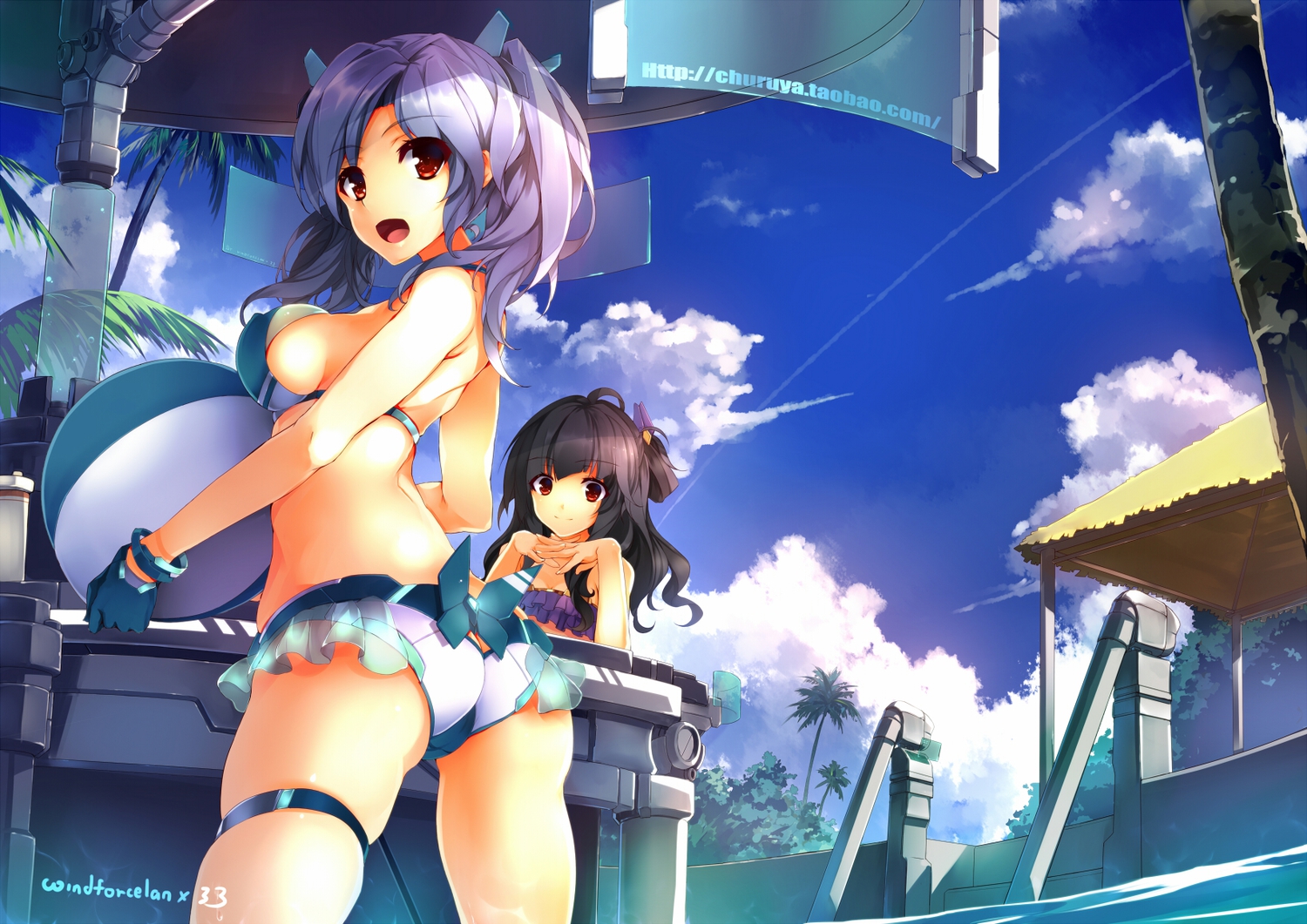 bikini, breasts, mkiiiiii_(chuanxcc), original, pool, swimsuit, watermark, windforcelan