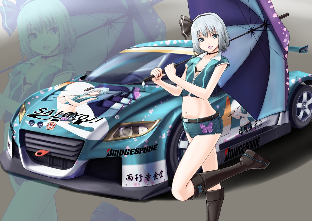 bikini_top, boots, bow, car, choker, gray_hair, green_eyes, headband, konpaku_youmu, myon, navel, raybar, short_hair, shorts, touhou, translation_request, umbrella, zoom_layer