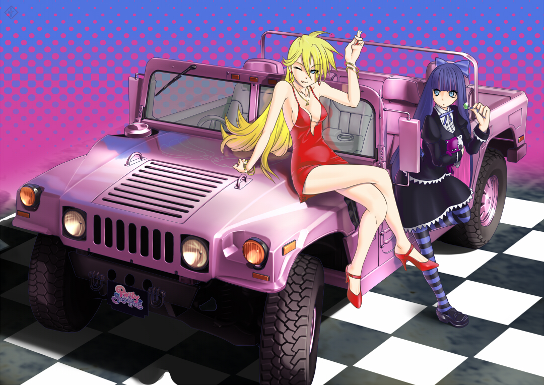 blonde_hair, blue_eyes, blue_hair, car, green_eyes, panty_(character), panty_&_stocking_with_garterbelt, raybar, see_through_(jeep), stocking_(character), thighhighs