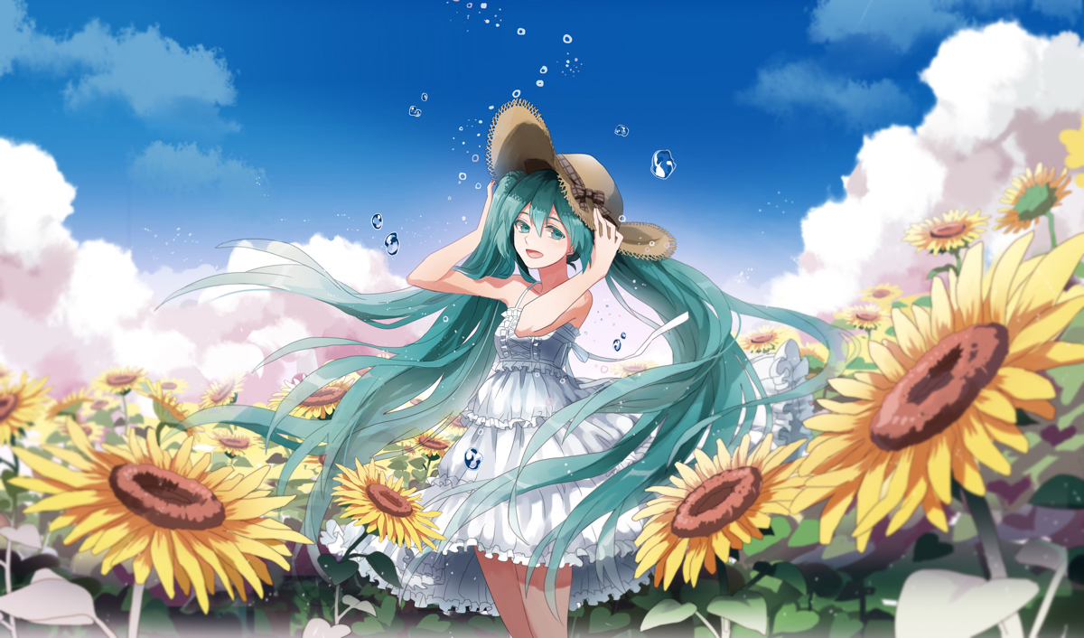 aqua_eyes, aqua_hair, dress, flowers, hat, hatsune_miku, michi_(iawei), summer_dress