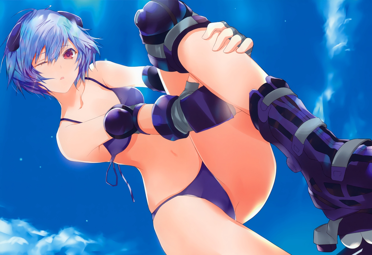 ayanami_rei, bikini, blue_hair, fuyuno_haruaki, navel, neon_genesis_evangelion, red_eyes, short_hair, swimsuit, wink