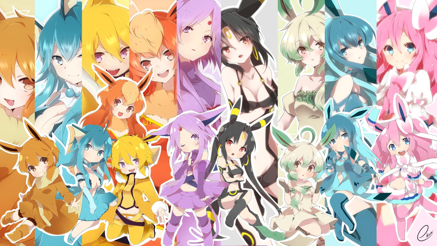 aliasing, animal_ears, anthropomorphism, black_hair, blonde_hair, blue_eyes, blue_hair, brown_eyes, brown_hair, chibi, eevee, espeon, flareon, glaceon, jolteon, leafeon, orange_eyes, orange_hair, pink_hair, pokemon, purple_eyes, purple_hair, sylveon, takeshima_(nia), thighhighs, umbreon, vaporeon