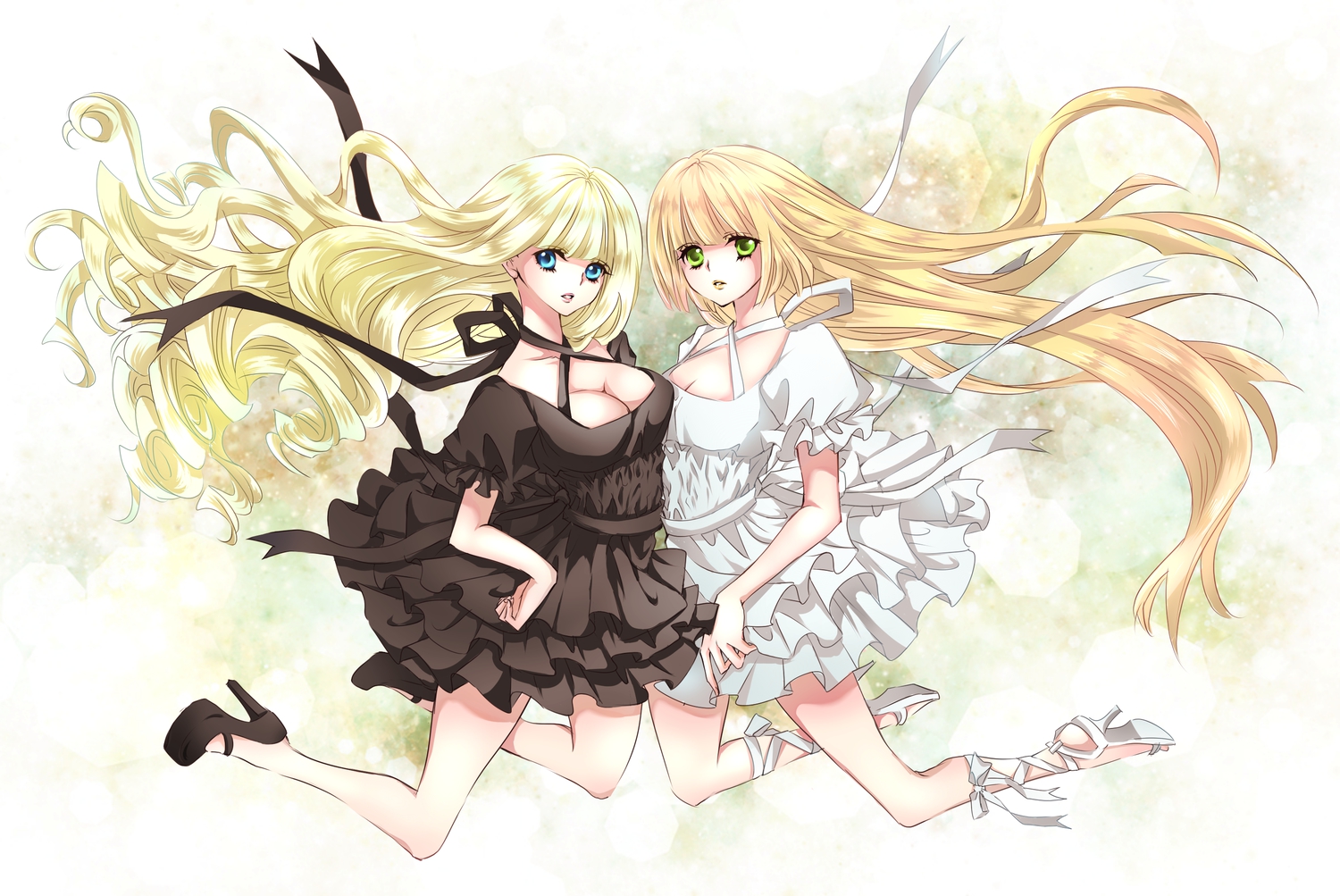 2girls, blonde_hair, blue_eyes, breasts, cleavage, dress, green_eyes, long_hair, mizuiro_tomato, original