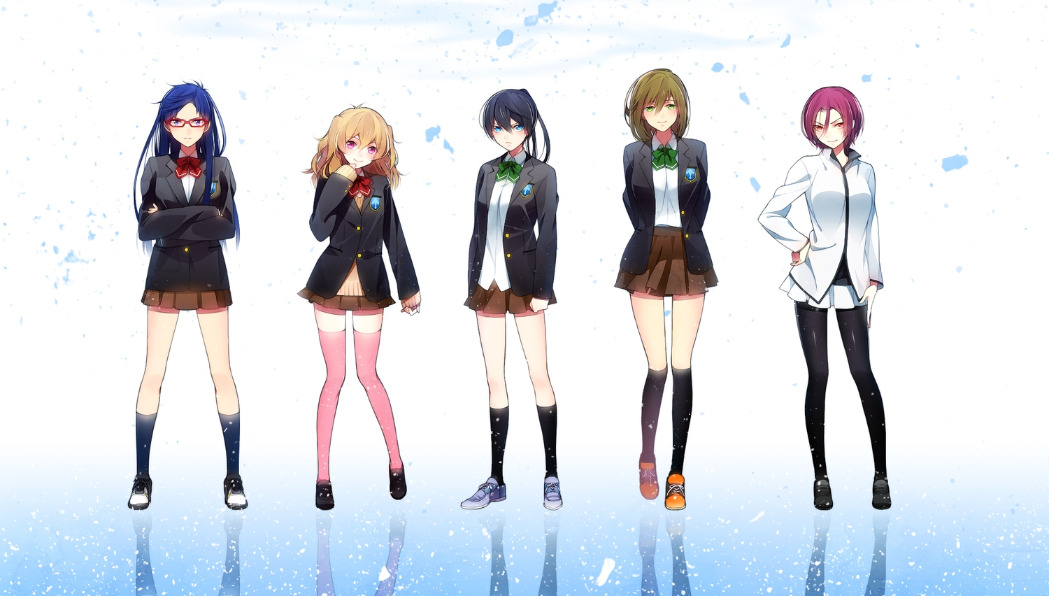 free!, genderswap, glasses, hakusai_(tiahszld), hazuki_nagisa, matsuoka_rin, nanase_haruka, pantyhose, ryugazaki_rei, school_uniform, tachibana_makoto, thighhighs