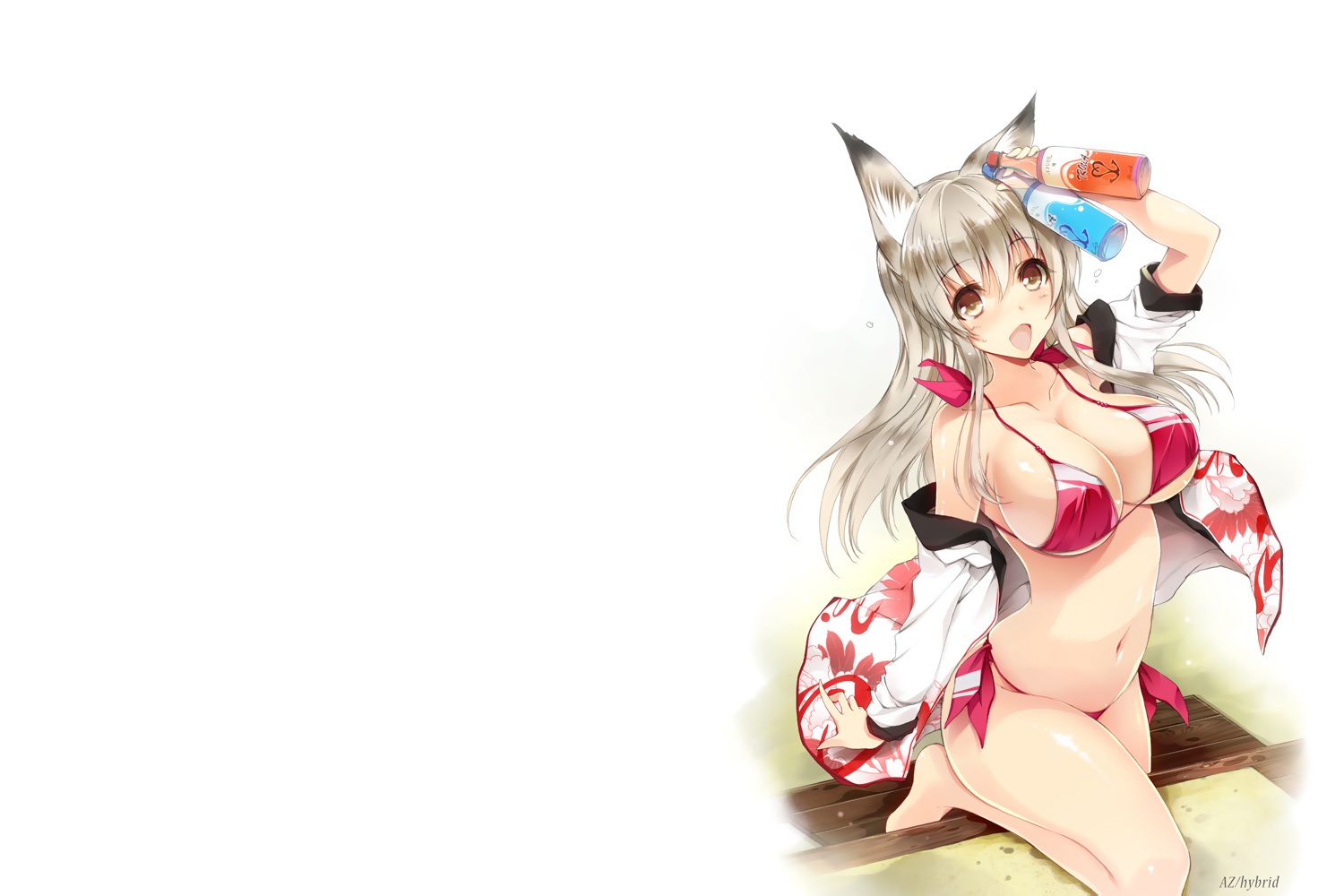 animal_ears, barefoot, bikini, blush, breasts, brown_eyes, erect_nipples, foxgirl, gray_hair, long_hair, navel, original, swimsuit, won_(az_hybrid)