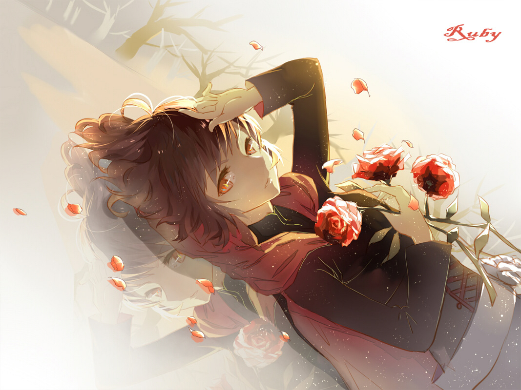 a_luo, brown_eyes, brown_hair, cape, flowers, petals, rose, ruby_rose, rwby