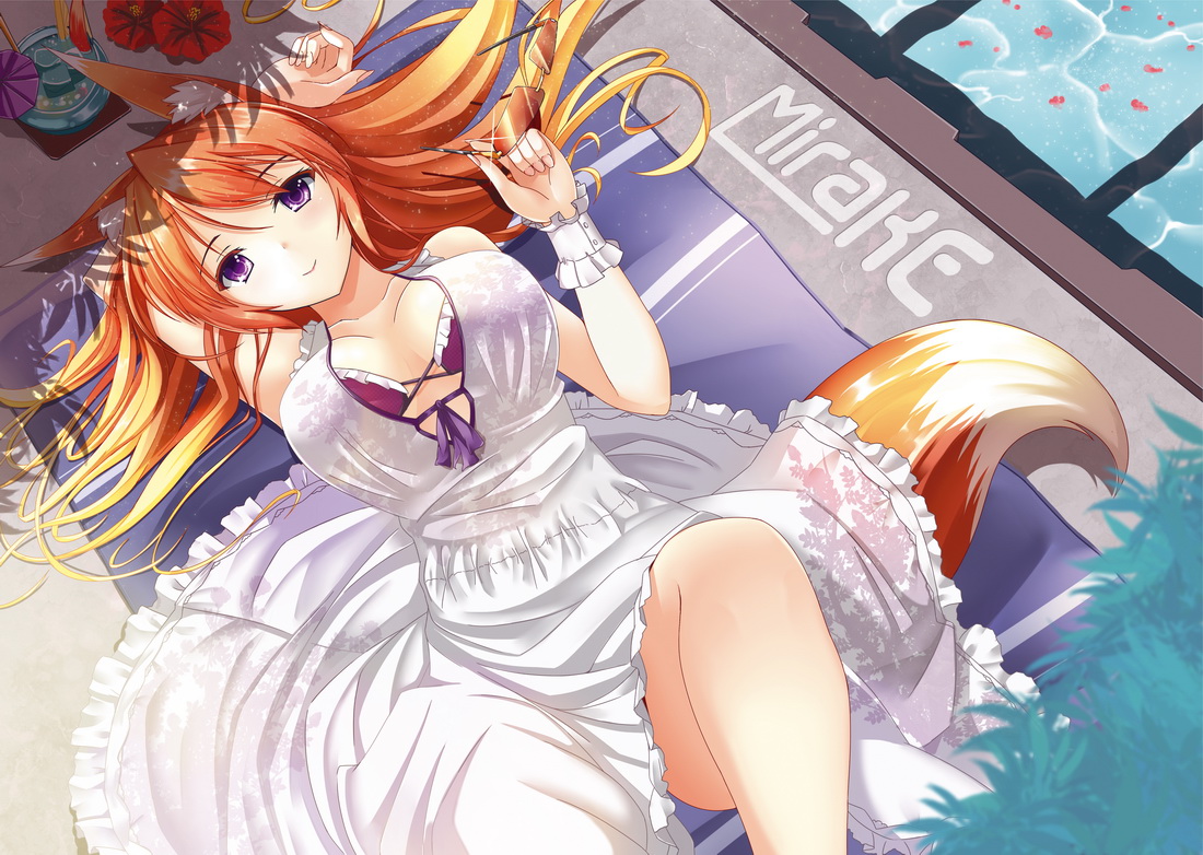 animal_ears, dress, fatkewell, foxgirl, orange_hair, original, summer, tail