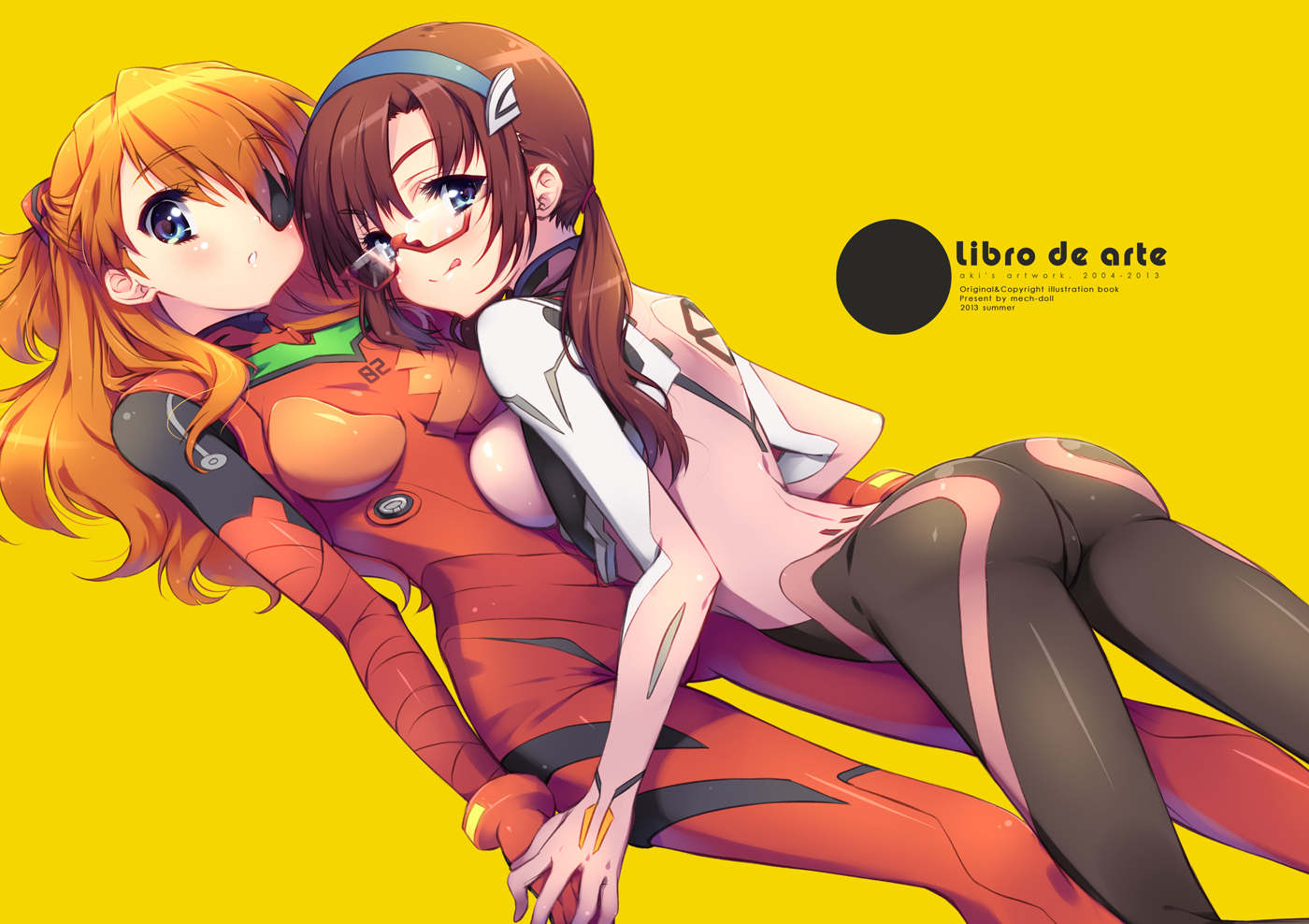 2girls, bodysuit, eyepatch, glasses, makinami_mari_illustrious, neon_genesis_evangelion, pandaki_(aki), skintight, soryu_asuka_langley, yellow