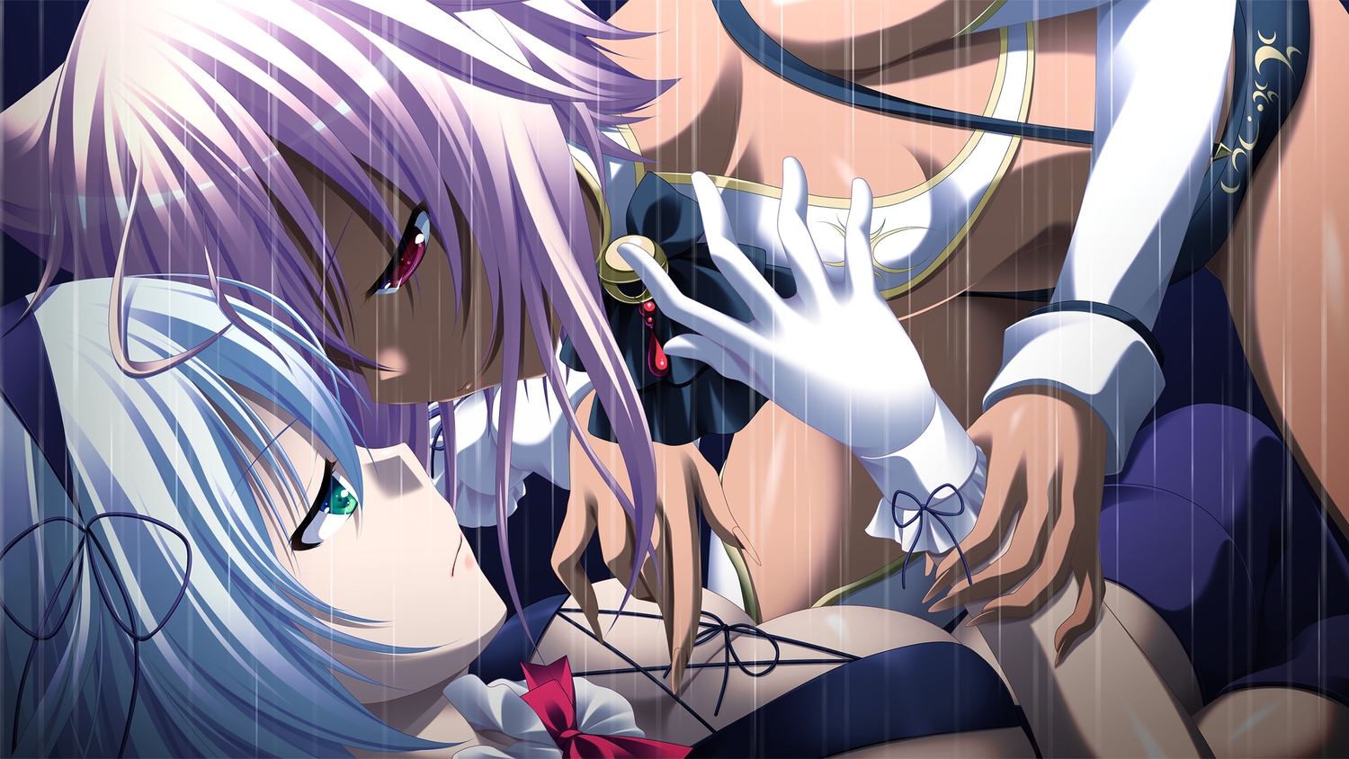 2girls, 3rd_eye, blue_eyes, breasts, cleavage, dark_skin, game_cg, gensou_no_idea, gloves, headband, jpeg_artifacts, kenzaki_noel, makita_maki, no_bra, purple_hair, rain, red_eyes, rouge_(gensou_no_idea), water, white_hair