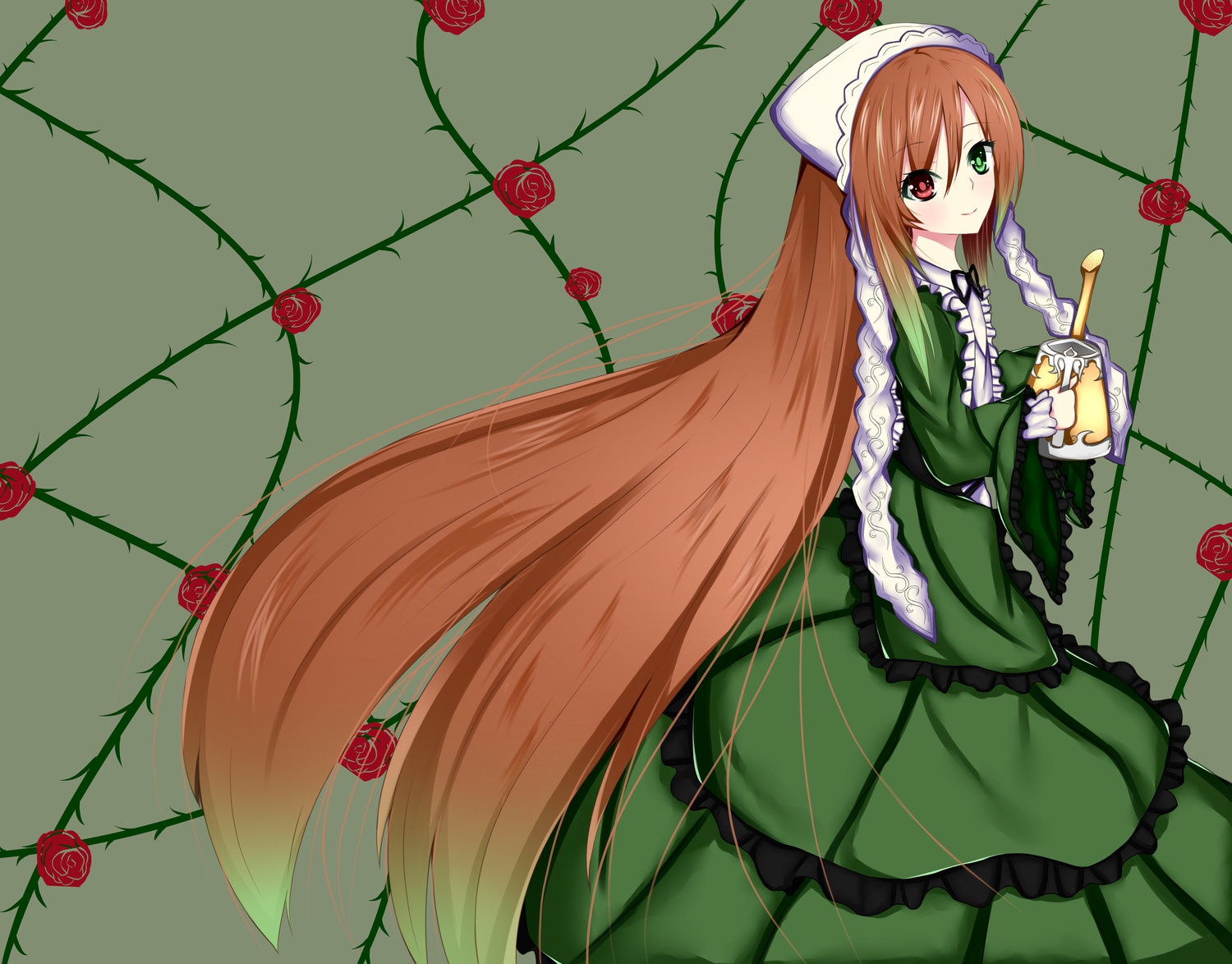 bicolored_eyes, brown_hair, dress, lone_wolf_and_cub, rozen_maiden, suiseiseki