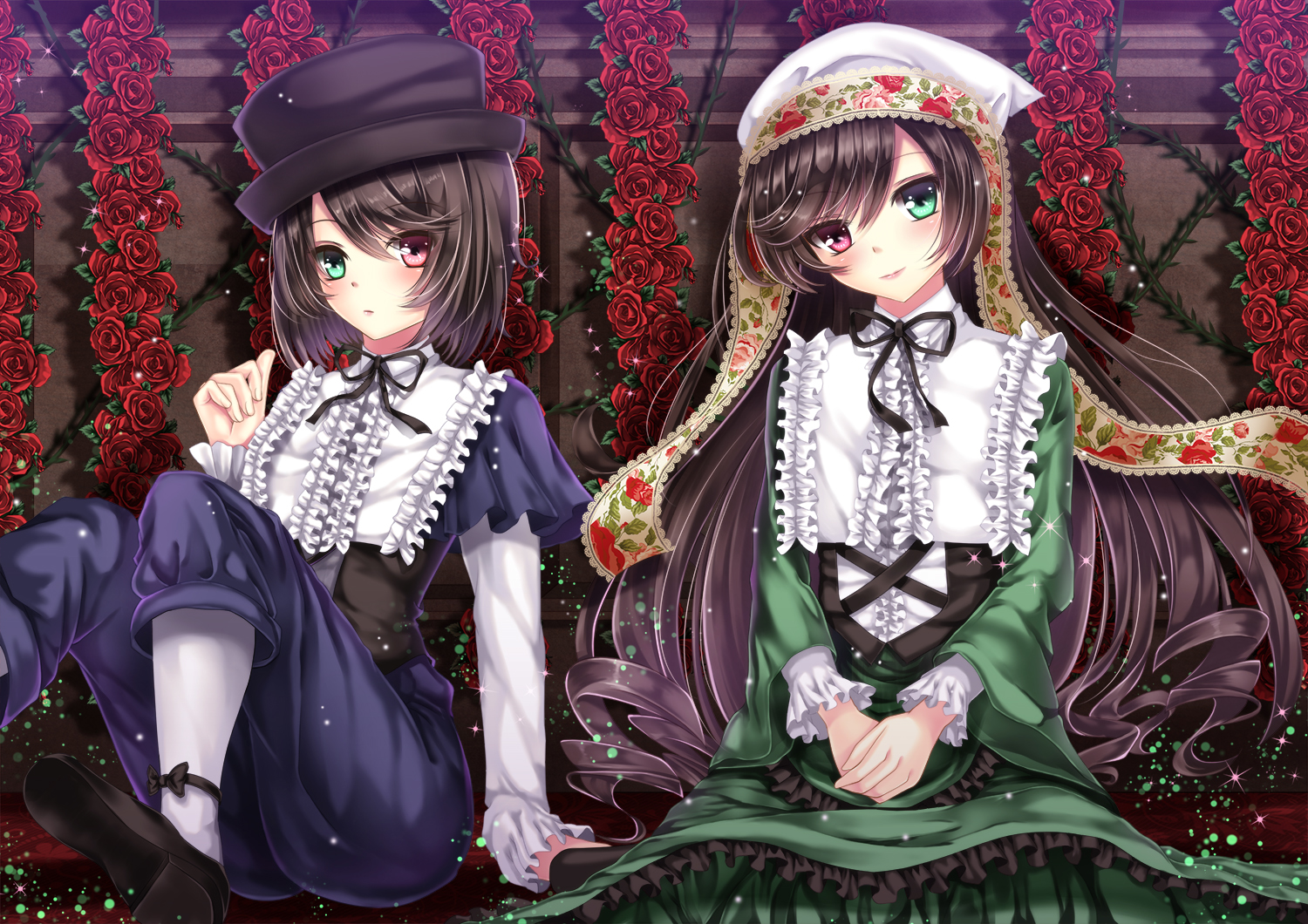 2girls, bicolored_eyes, hat, lolita_fashion, rozen_maiden, souseiseki, suiseiseki, toshi
