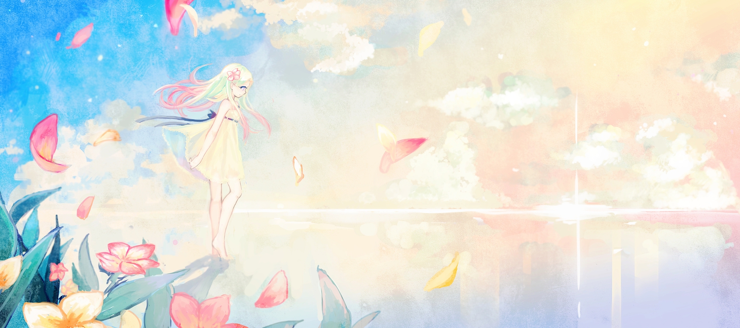 clouds, dress, flowers, green_hair, original, petals, pink_hair, sky, water, zombie_neko