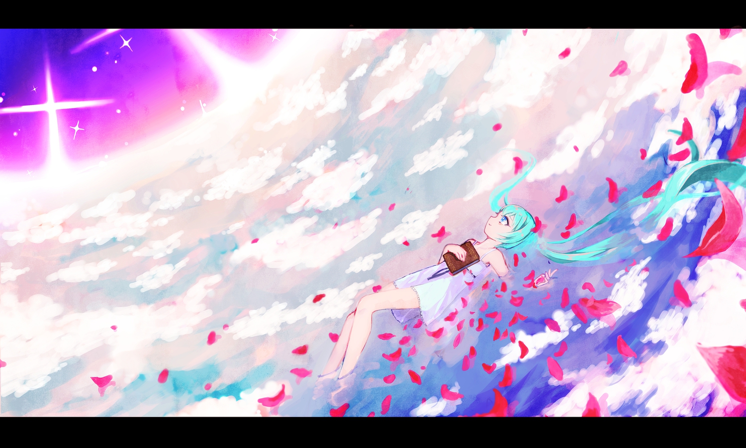 aqua_hair, book, clouds, dress, hatsune_miku, petals, sky, vocaloid