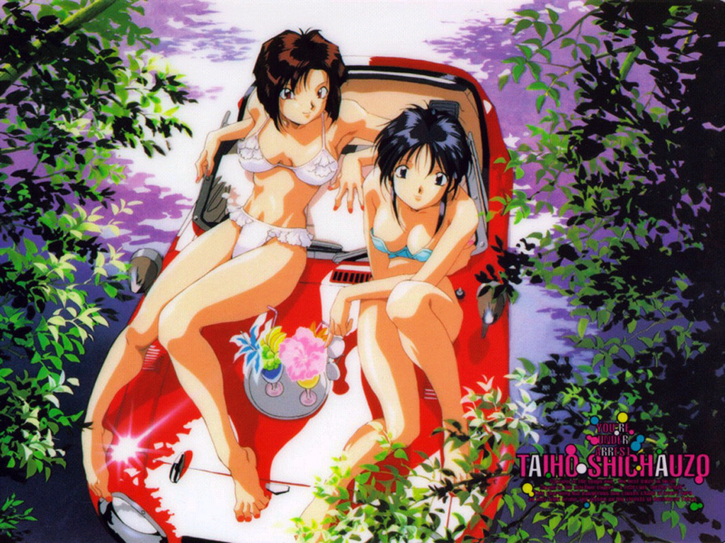 bikini, black_hair, brown_hair, car, kobayakawa_miyuki, swimsuit, taiho_shichauzo, tsujimoto_natsumi