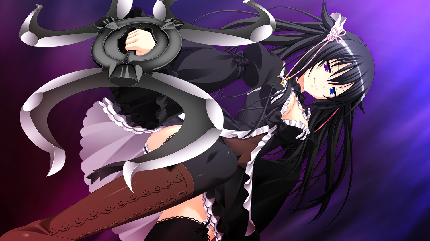 3rd_eye, bicolored_eyes, black_hair, boots, bow, breasts, cleavage, dress