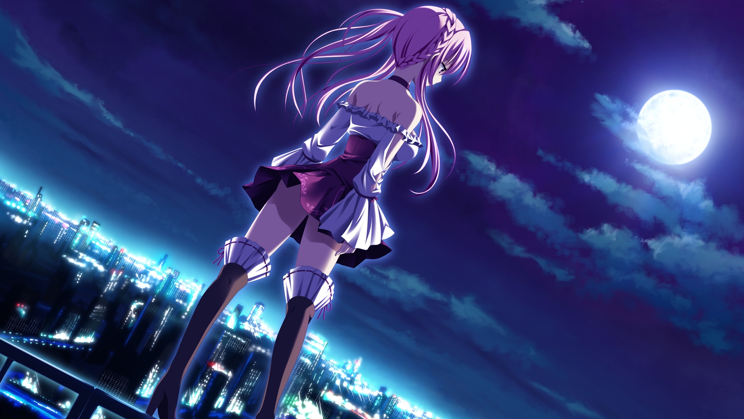 3rd_eye, building, city, game_cg, gensou_no_idea, long_hair, makita_maki, moon, nanami_naru, night, pink_hair, sky, thighhighs