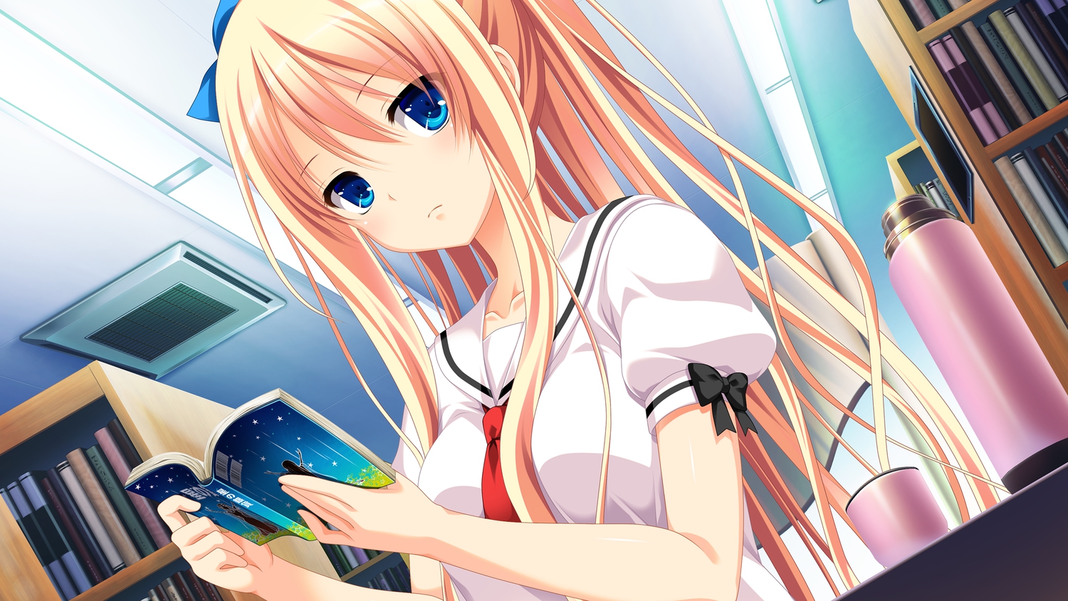 3rd_eye, blonde_hair, blue_eyes, book, bow, game_cg, gensou_no_idea, kujou_mitsuki, long_hair, makita_maki, school_uniform