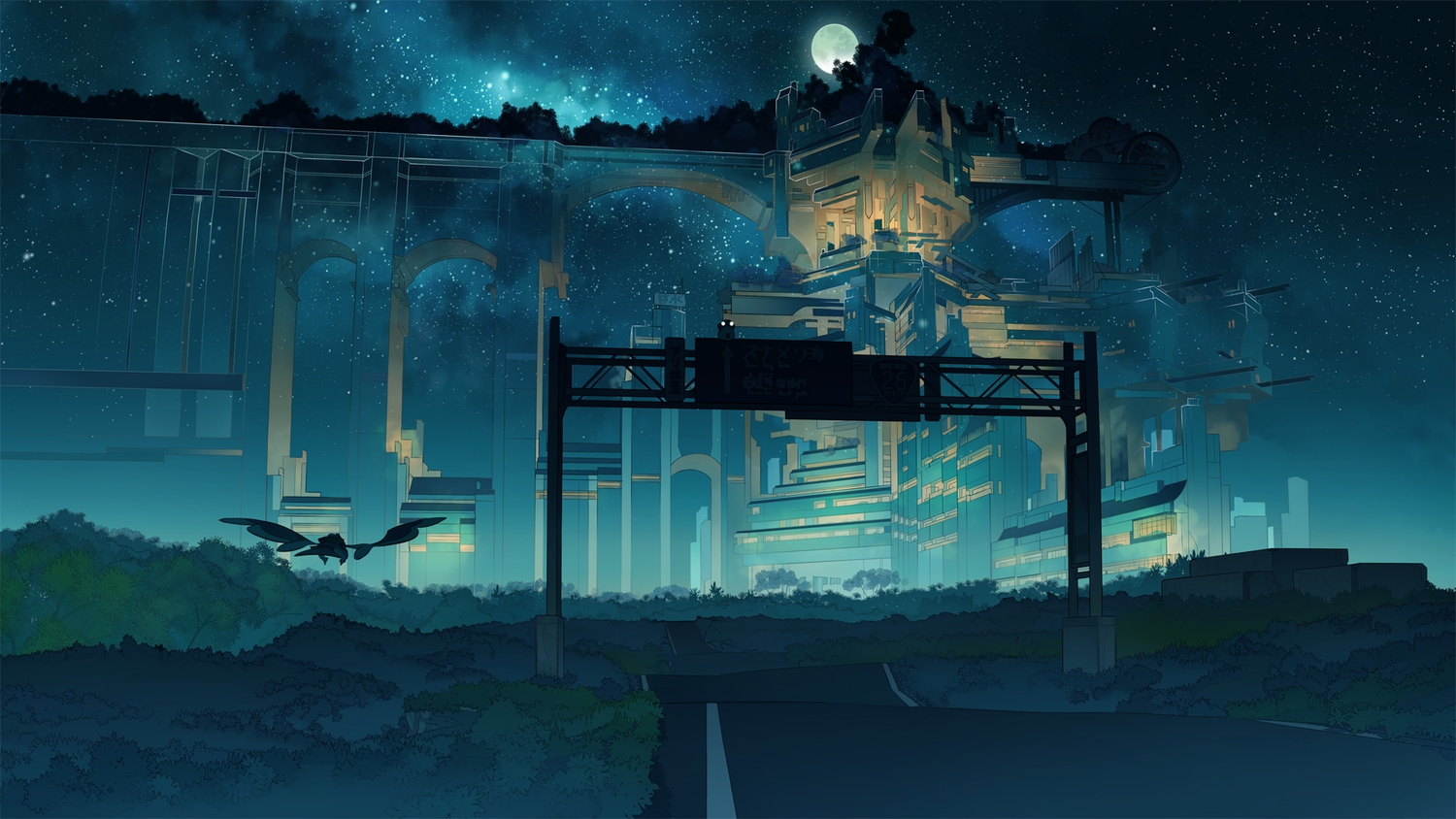 akitsu_taira, building, city, moon, night, original, scenic, stars