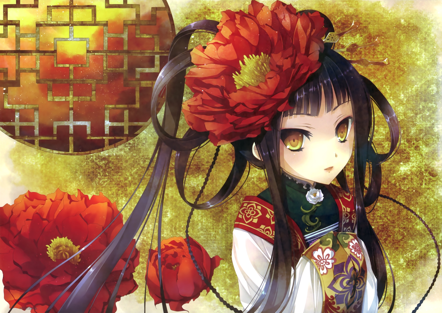 black_hair, chinese_clothes, chinese_dress, dress, flowers, katagiri_hinata, original, scan, yellow_eyes