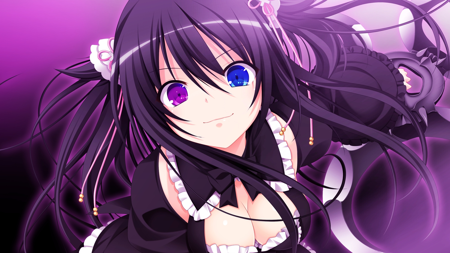 3rd_eye, bicolored_eyes, black_hair, bow, breasts, cleavage, close, game_cg, gensou_no_idea, long_hair, sakaki_maki, shinomori_rinon, twintails, weapon