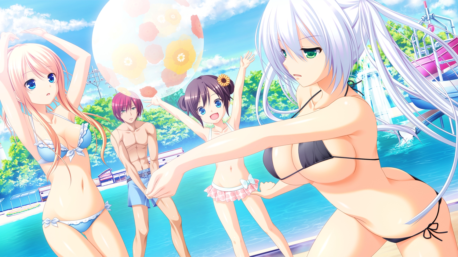 3rd_eye, akashi_(gensou_no_idea), bikini, blonde_hair, blue_eyes, brown_hair, game_cg, gensou_no_idea, green_eyes, himawari_(gensou_no_idea), kenzaki_noel, kujou_mitsuki, long_hair, makita_maki, red_hair, short_hair, swimsuit, water, white_hair