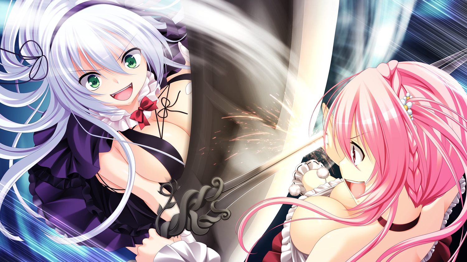 2girls, 3rd_eye, bow, breasts, cleavage, game_cg, gensou_no_idea, green_eyes