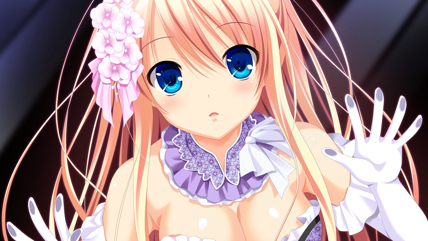 3rd_eye, blonde_hair, blue_eyes, bow, breasts, cleavage, elbow_gloves, game_cg, gensou_no_idea, gloves, kujou_mitsuki, long_hair, makita_maki
